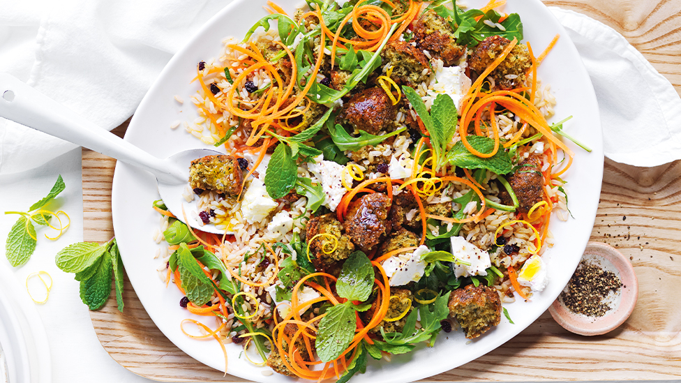 Falafel fetta and rice salad