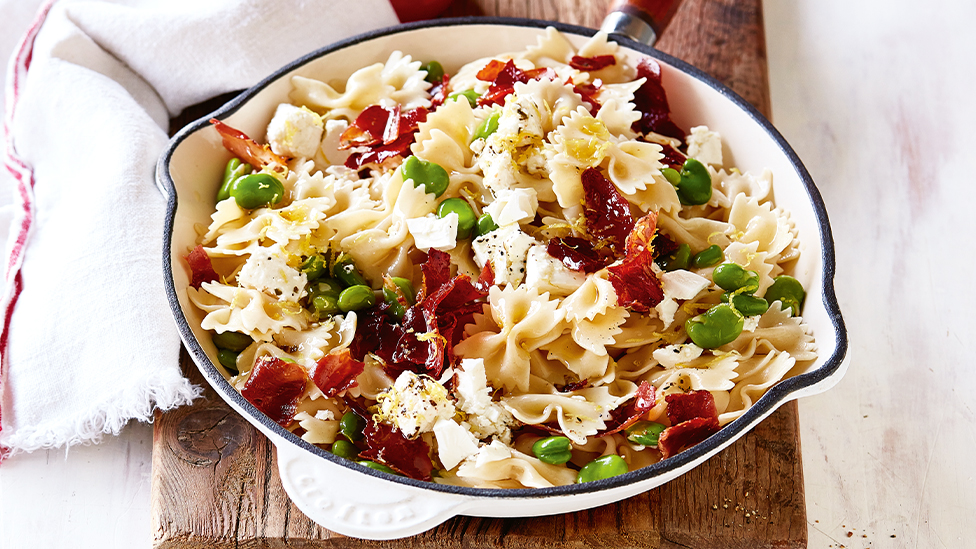 Farfalle with fetta and broad beans