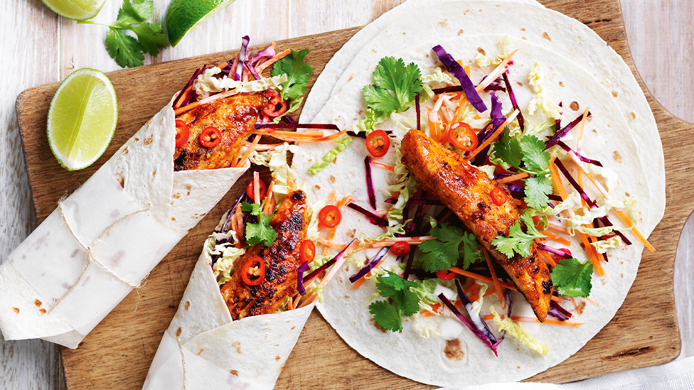 Fish burritos with beetroot slaw