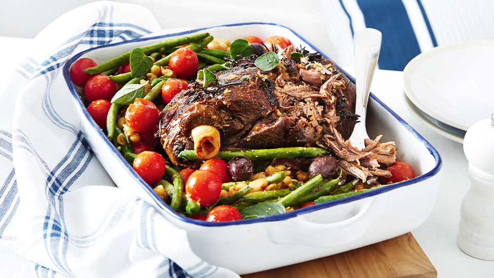 Five hour roast lamb with beans and olives