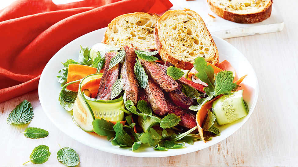 Five spice beef with garlic and herb croutons