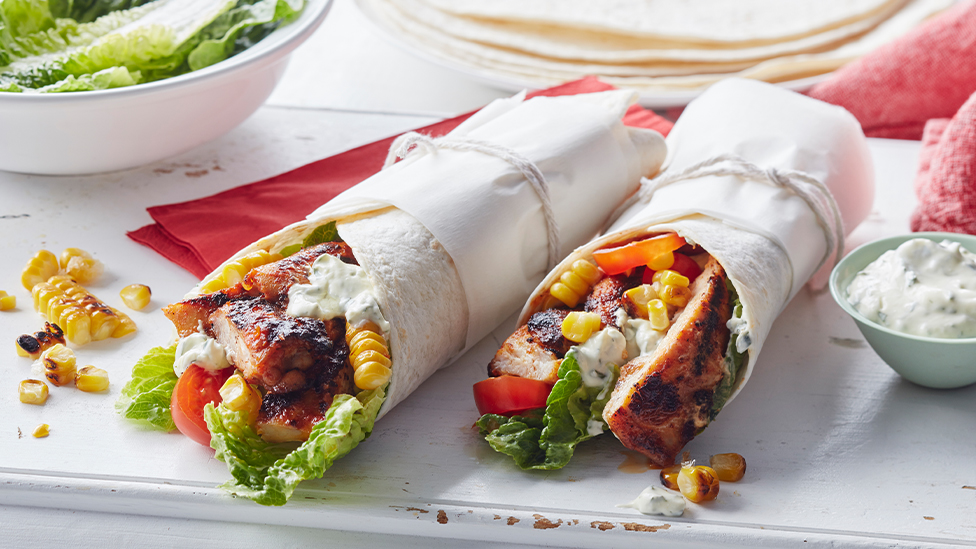Grilled chicken and corn wraps with lime sour cream