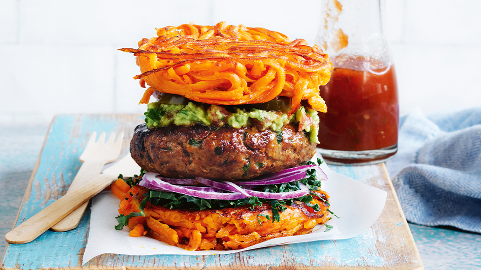 Guacamole burger in a sweet potato noodle bun
