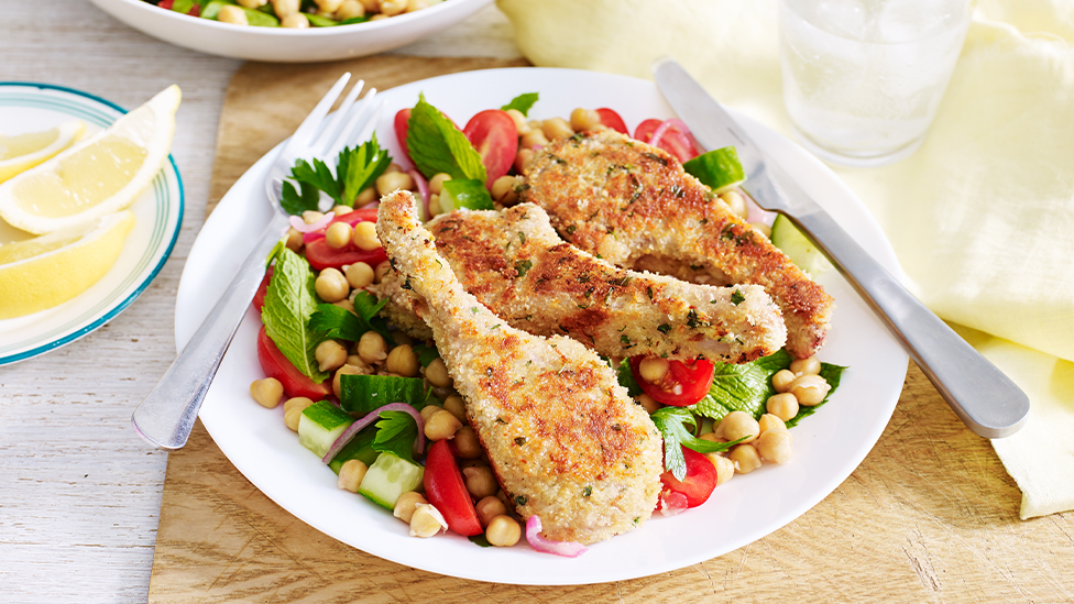 Haloumi and mint lamb cutlets with chickpea salad