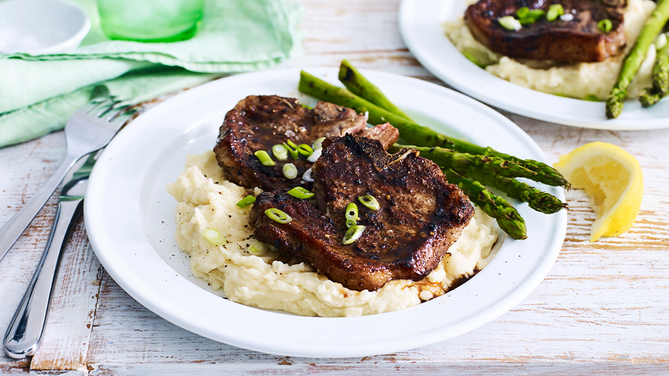 Harissa spiced lamb chops with hummus mash