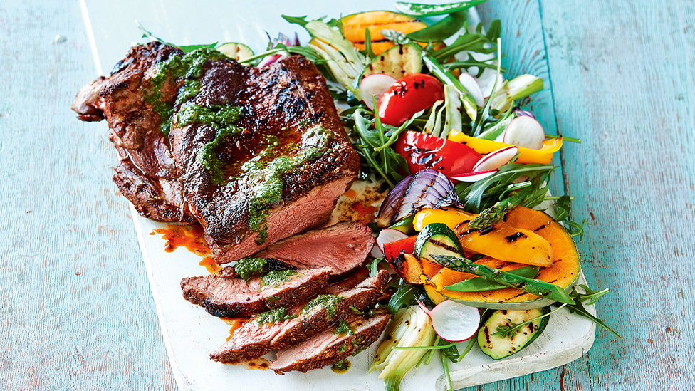 Herb-loaded amb with chargrilled veggies