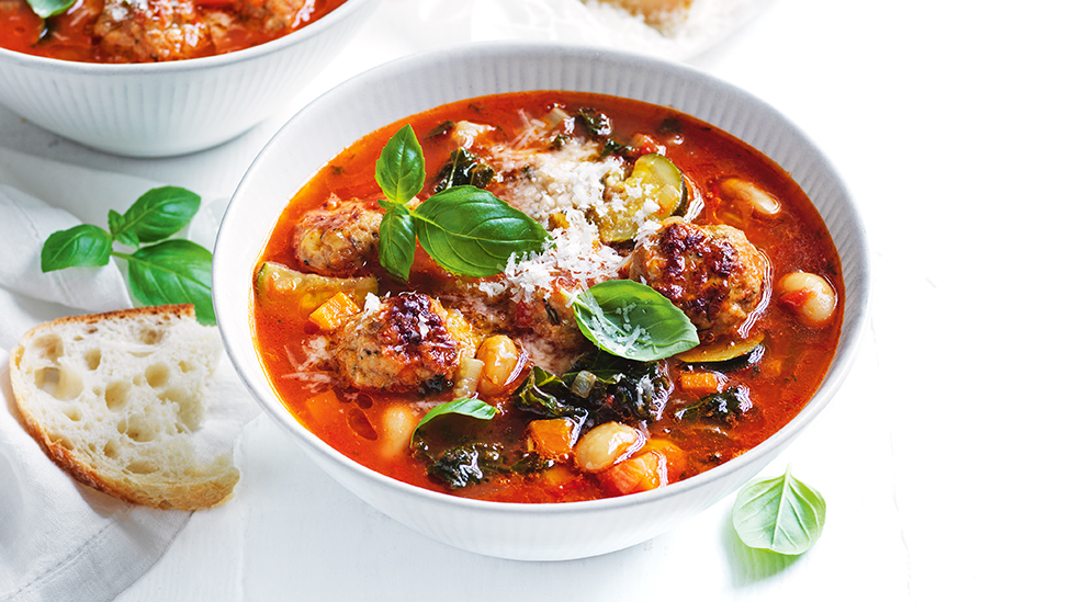 Italian-style vegetable and pork meatball soup