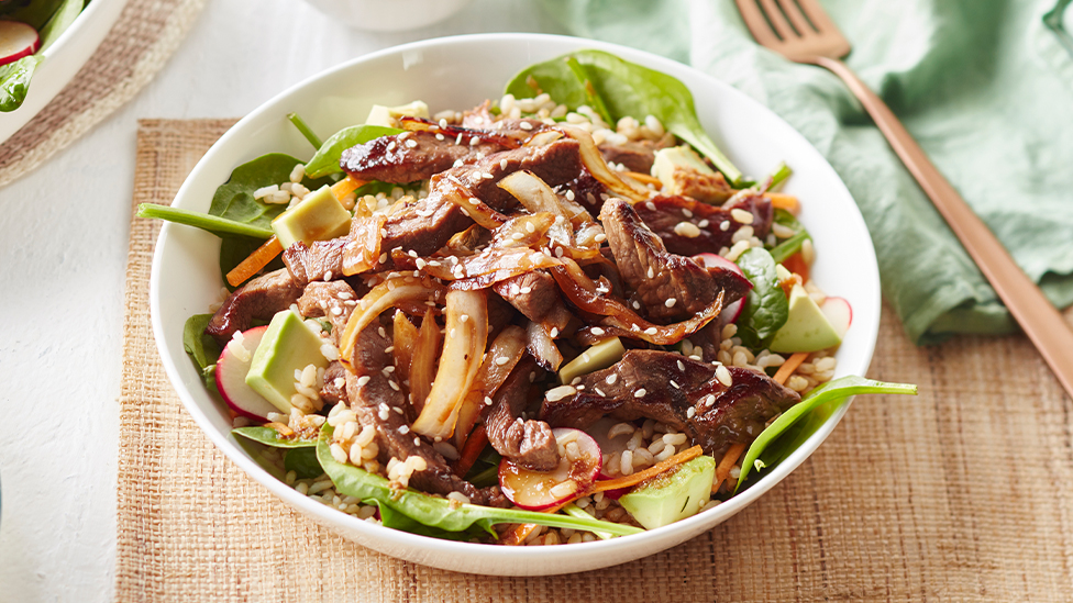 Japanese beef and brown rice salad with ginger soy dressing