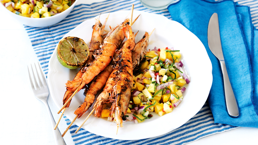 Jerk prawns with pineapple salsa