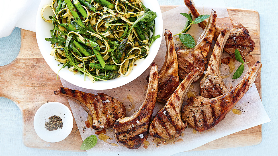 Lamb chops with fettuccine and spring pesto