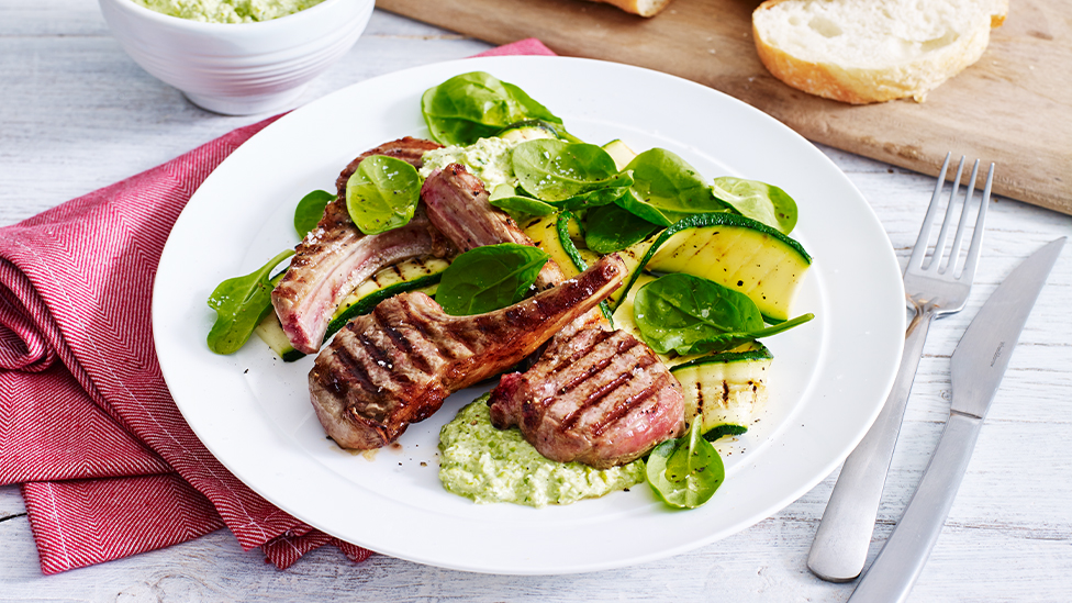 Lamb cutlets with fetta, pea and mint dip