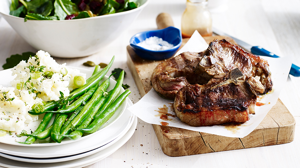 Lamb loin chops with peppered mash and kale salad