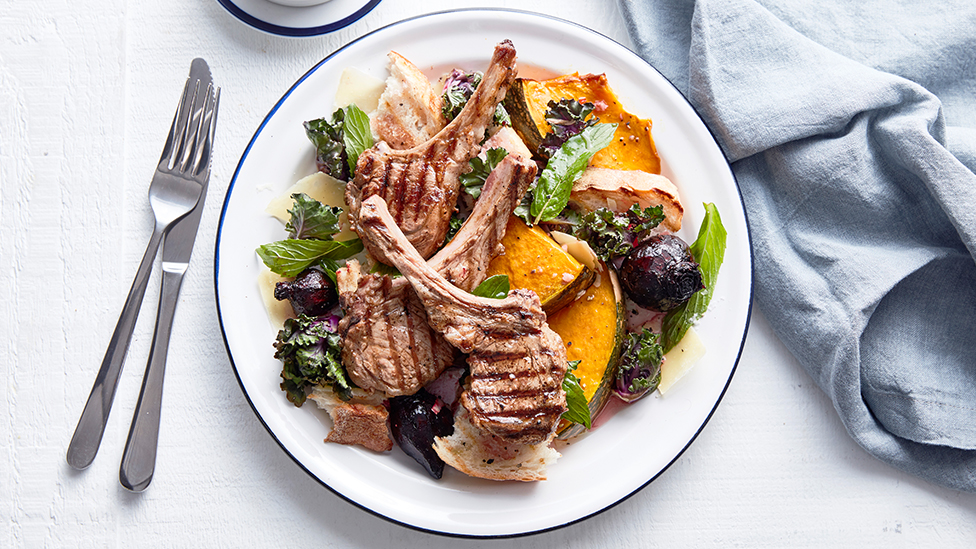 Lamb with beetroot and pumpkin salad