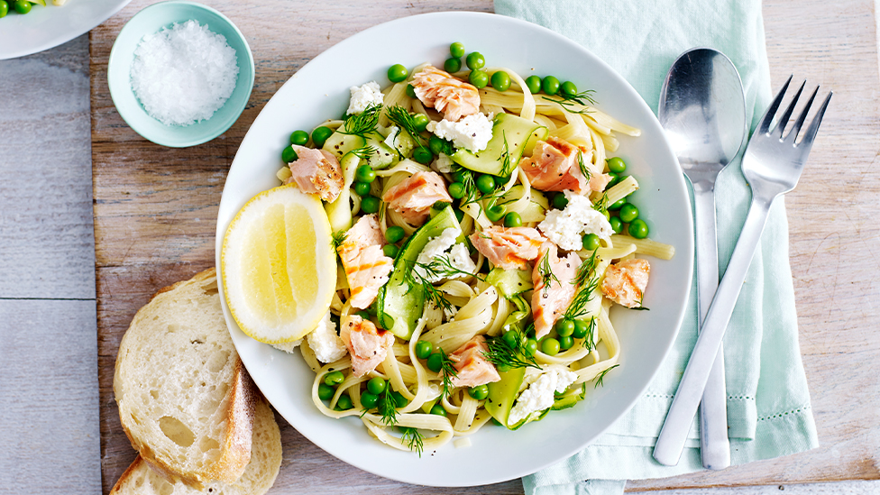 Lemony salmon pasta with spring vegetables and ricotta