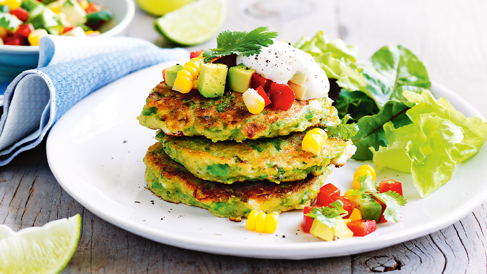 Mashed pea and fetta fritters with corn salsa