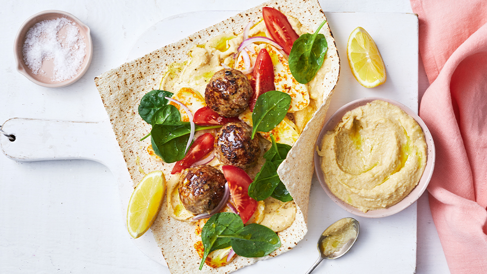 Meatball and haloumi wraps