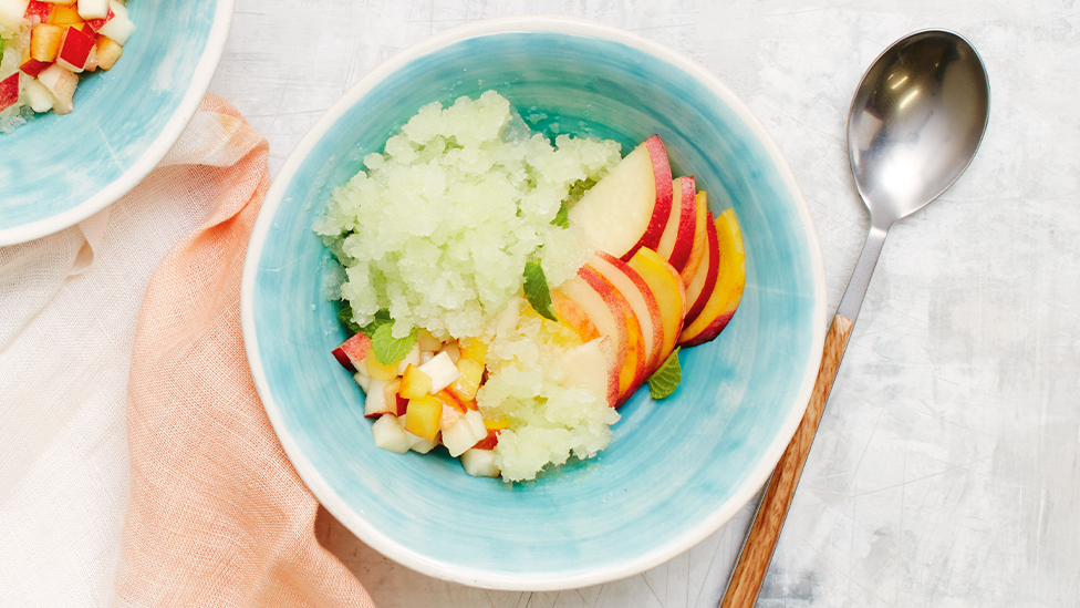 Melon granita with nectarines, peaches and mint syrup