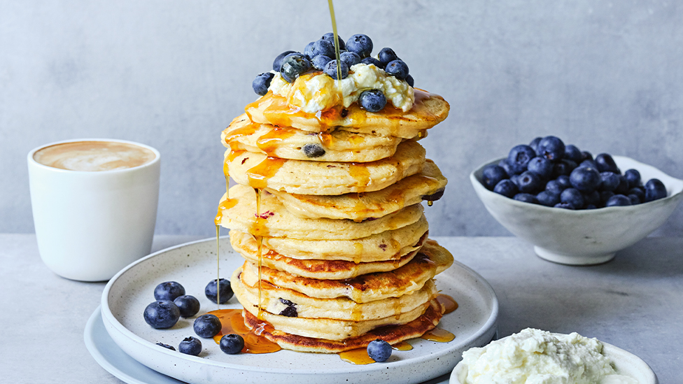 Michael Weldon's Fluffy ricotta and blueberry pancakes with maple syrup