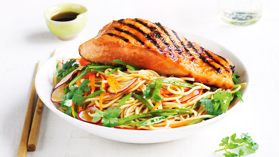 Miso-grilled salmon with ramen noodle salad