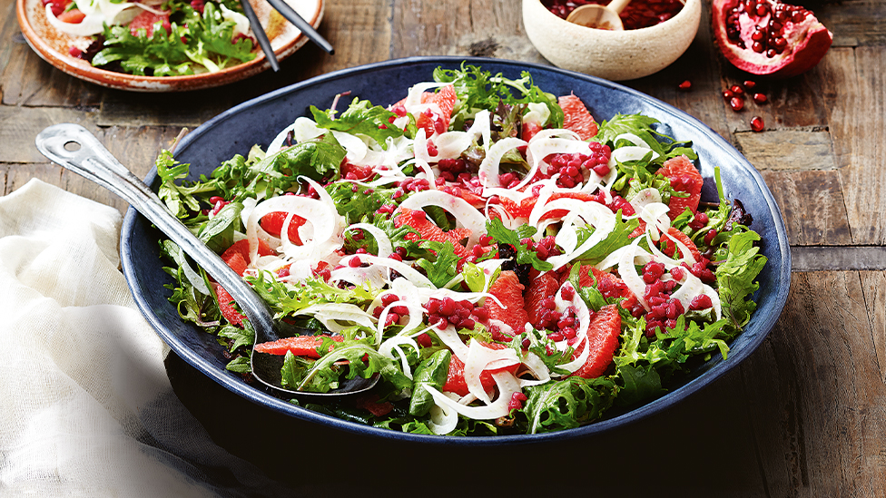 Mixed baby green salad with grapefruit, fennel and pomegranate