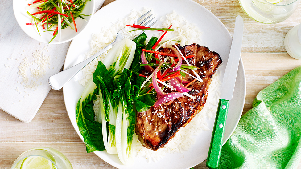 Mongolian lamb chops with Asian greens