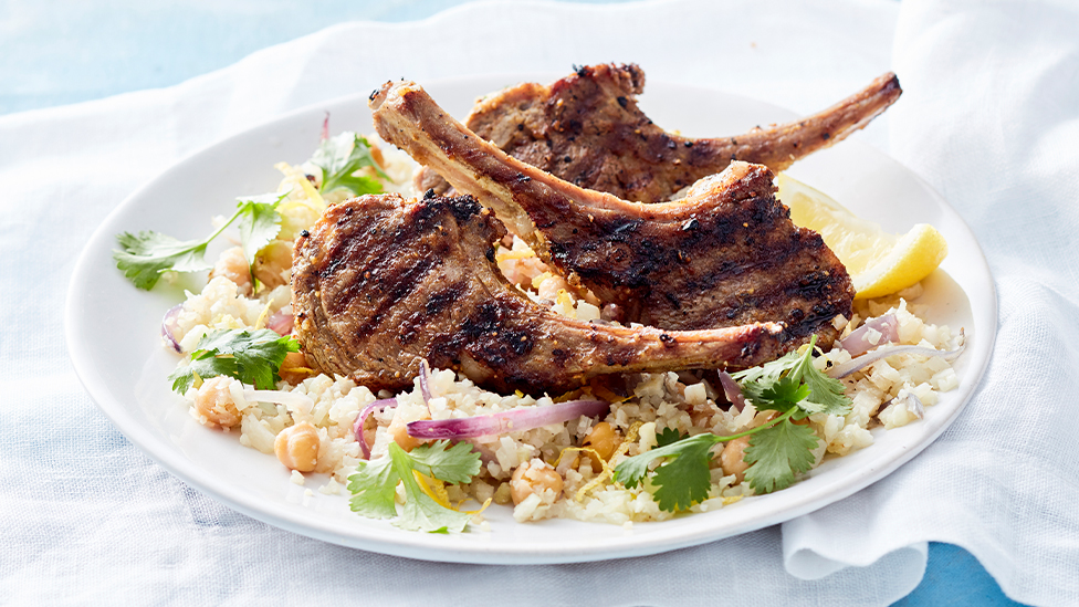 Moroccan lamb cutlets with cauliflower pilaf