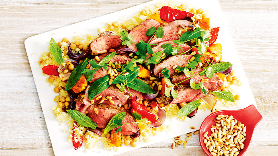 Moroccan-spiced lamb with roasted vegetable salad