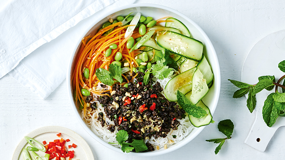 Mushroom mince buddha bowl with ginger and lemongrass dressing