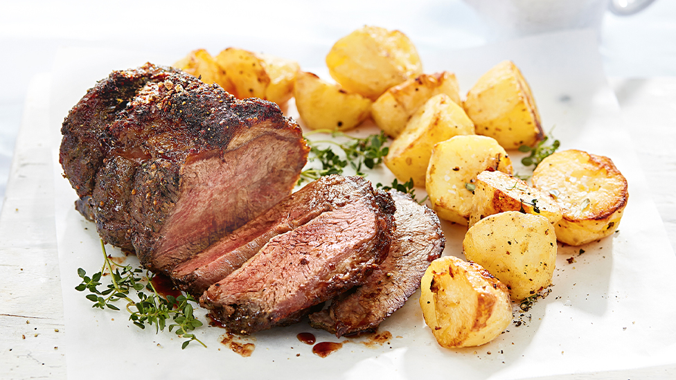 Mustard and black pepper beef with roast potatoes