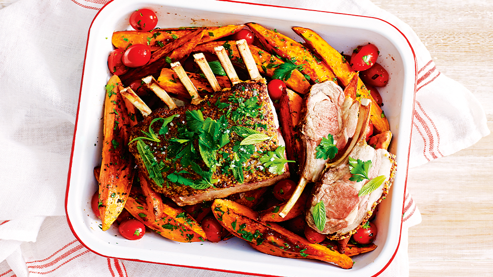 Mustard lamb rack with sweet potato wedges