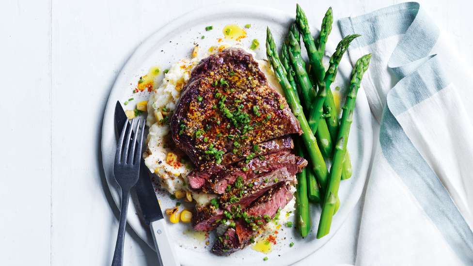 Mustard steak with corn and potato mash