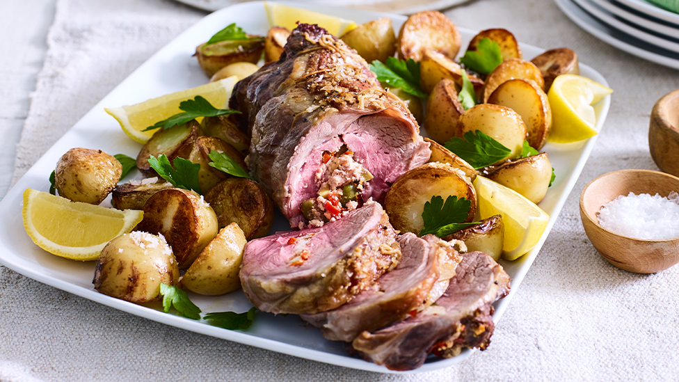 Olive, chilli and ricotta stuffed lamb leg