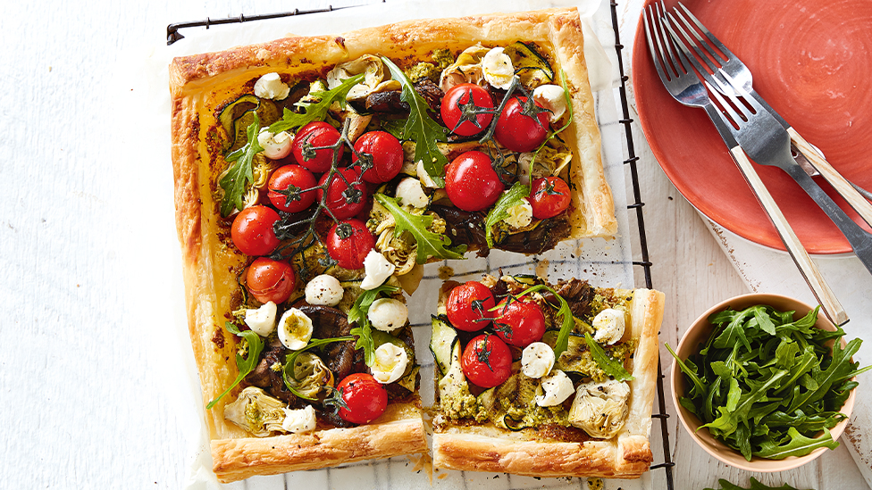 Open olive and chargrilled veggie puff pastry tart