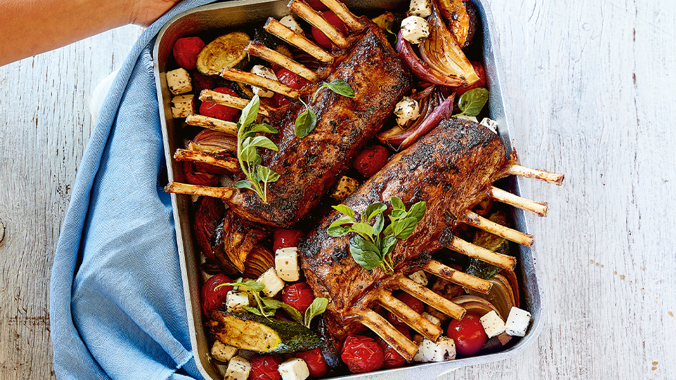 Oregano lamb rack and veggie roast