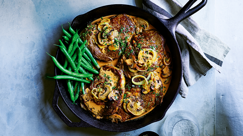 Curtis Stone's pan-seared steaks with stroganoff sauce