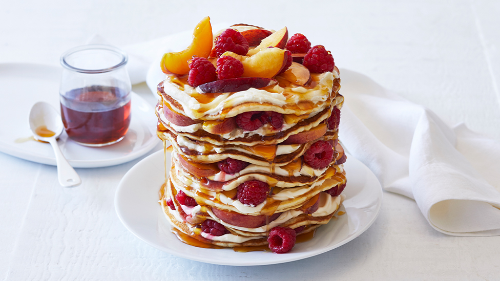 Peach and raspberry pancakes