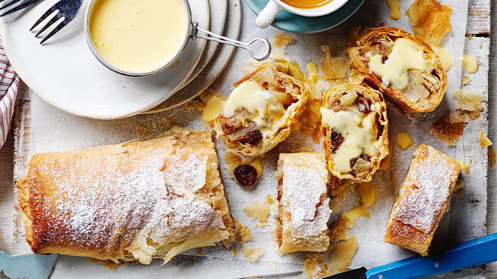 Curtis Stone's pear and sultana strudel with ginger-vanilla custard sauce