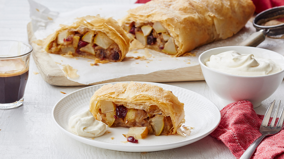 Pear, mixed spice and cranberry strudel
