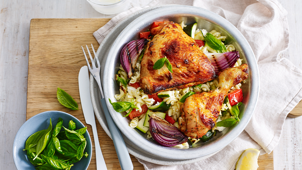 Peri-peri chicken with grilled vegetable and pasta salad