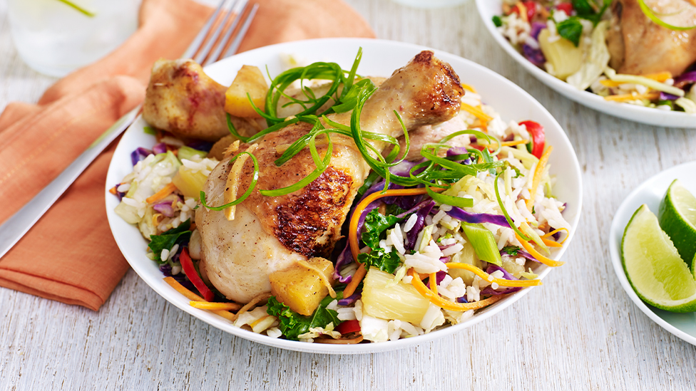 Pineapple and five-spice glazed drumsticks with quick fried rice