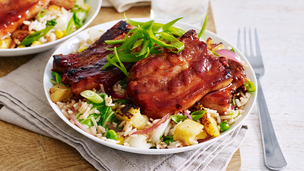 Plum-glazed pork with pineapple rice