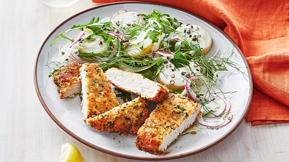 Pork and fennel schnitzel with potato salad