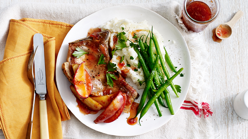 Pork Chops with Apple Wedges and Chilli Plum Sauce Recipe | Coles