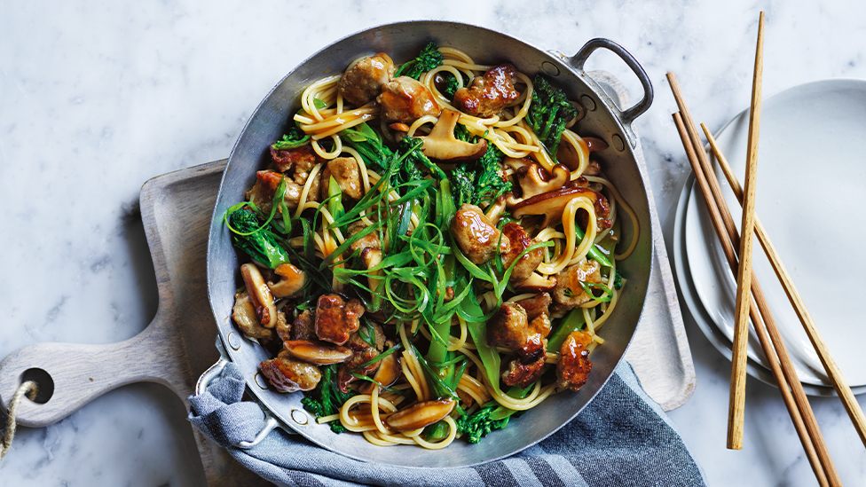 Pork chow mein with baby broccoli and shiitake
