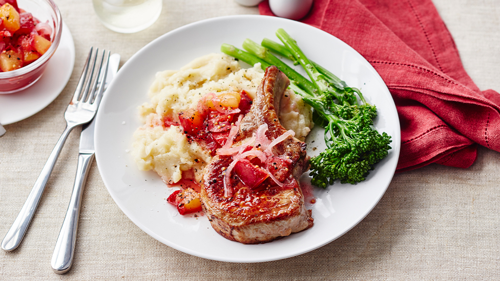 Pork cutlets with quick plum relish