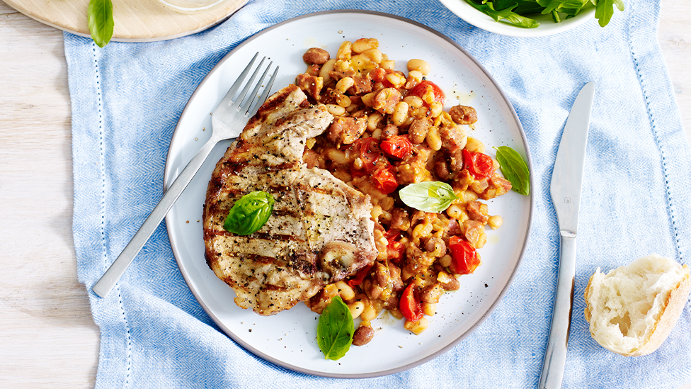 Pork loin chops with smoky baked beans