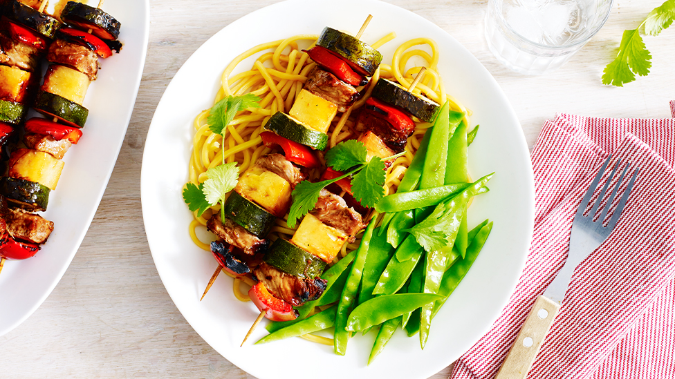 Pork, pineapple and vegetable kebabs with plum glaze