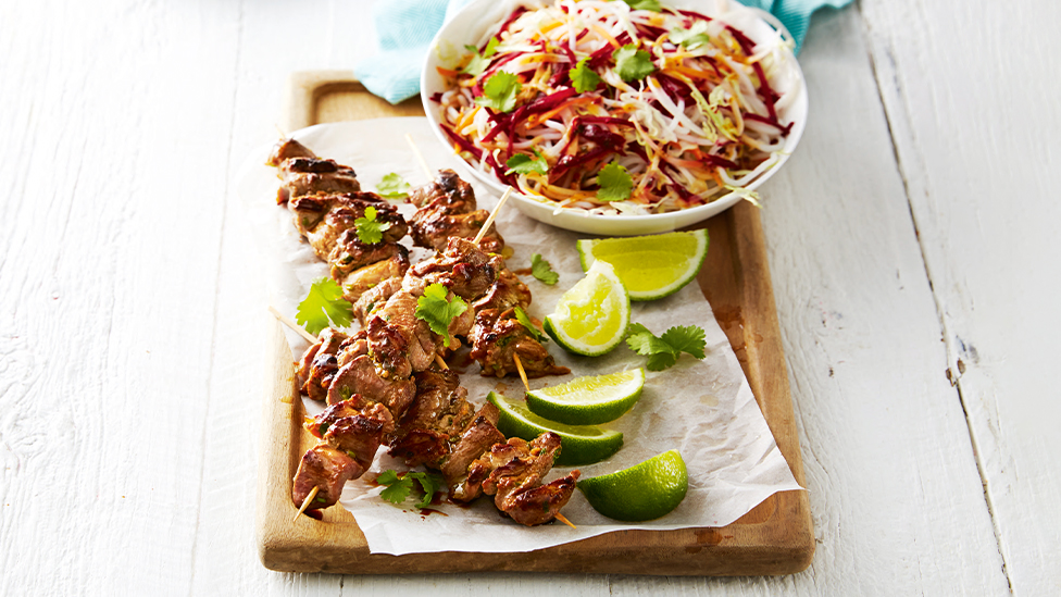 Pork skewers with quick noodle salad