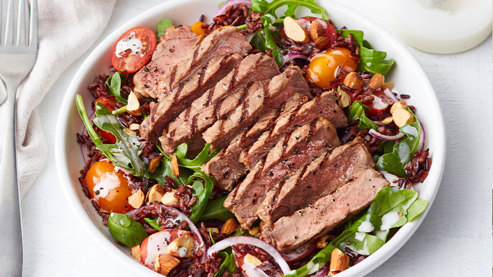 Porterhouse steak with quick tomato rice salad