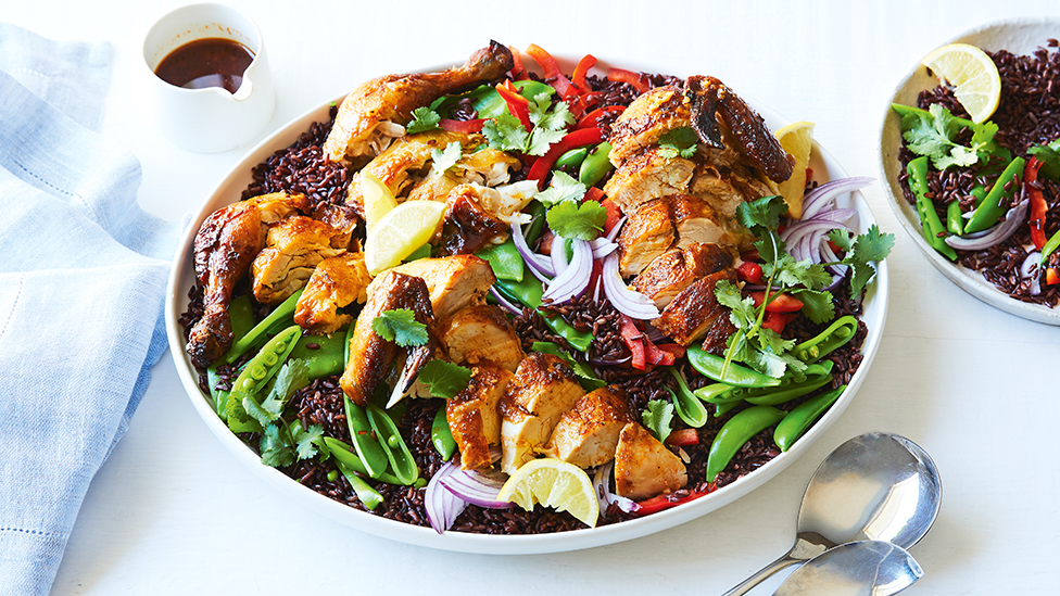 Portuguese chicken with black rice salad